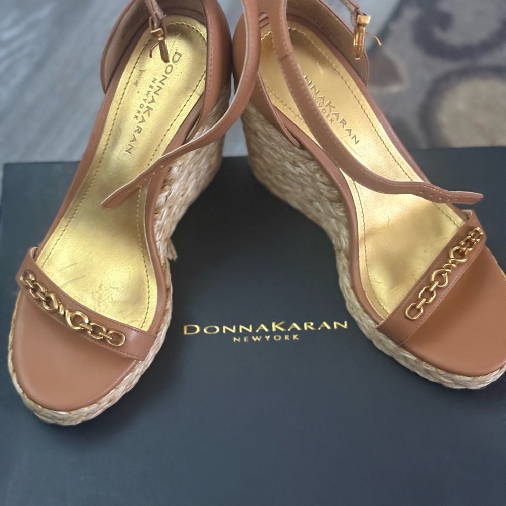 Donna Karan Brown Wedge Sandals with Gold Accents